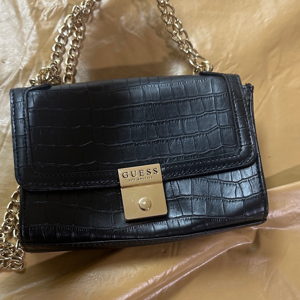 GUESS Black Croc-Embossed Crossbody Bag with Gold Chain